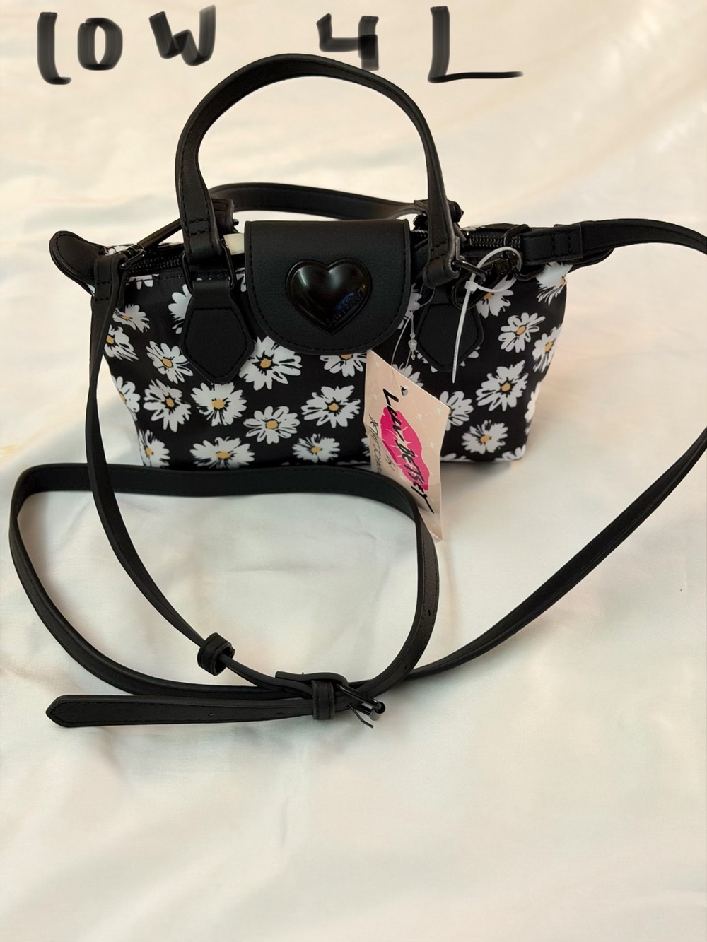 Betsey Johnson Black Daisy Crossbody with Heart Flap